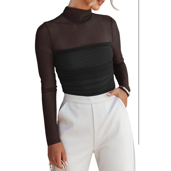 Womens Sexy Sheer Mesh Black Long-Sleeve Mock Turtleneck Bodysuit Reoria Medium - Picture 8 of 9